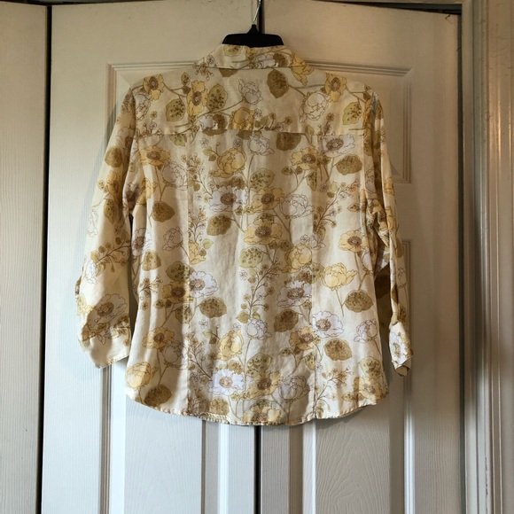 LL Bean Linen Shirt Floral Print Yellow  M - Picture 4 of 4